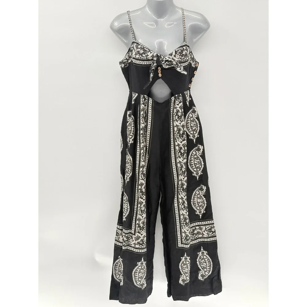 Free People Jumpsuit Linen Cotton Boho Wide Leg Black White Women Size 4 Bandana